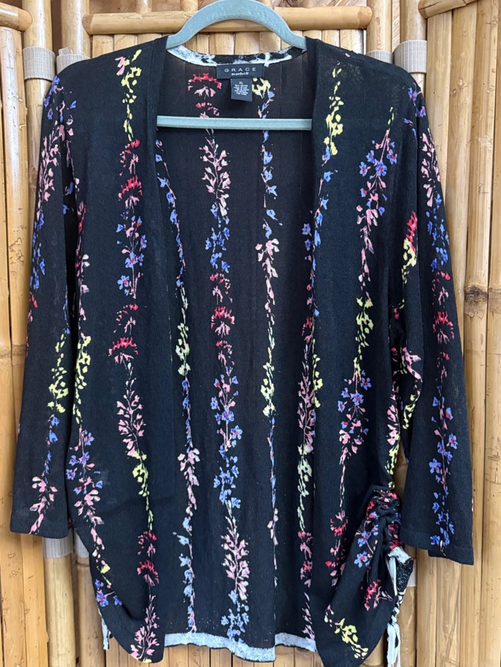 Grace Black Open-Front Cardigan with Pink, Blue & Yellow Floral Stripes